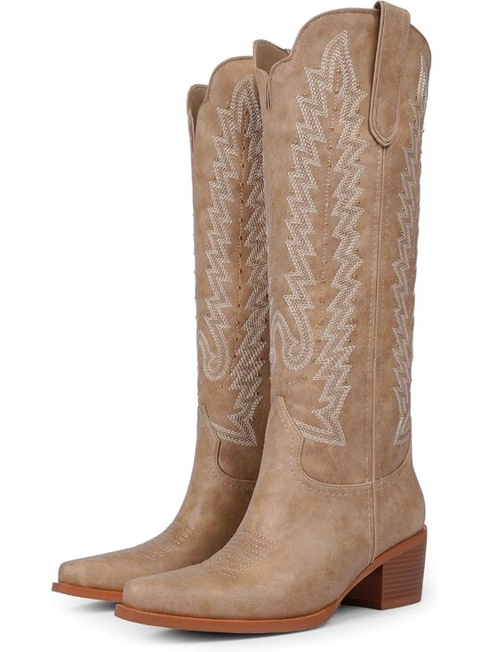 Shoes - Women's Light Khaki Knee High Cowboy Boots 2.2 Inch Chunky Heel Pointed Toe